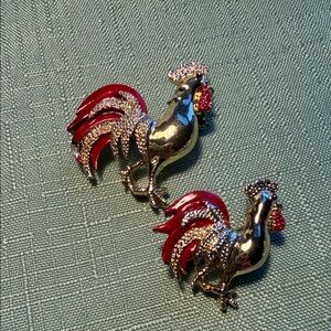 VIntage Gerrys Rooster Brooch Set in Red and Silver